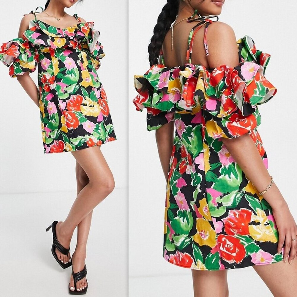 TOPSHOP Women Bold Floral Ruffle Bardot Mini Dress Cotton Blend Multi, Size 8